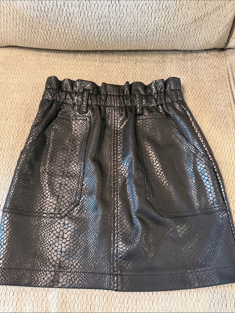 Haute Monde Black Snake-Embossed Faux Leather Paperbag Mini Skirt